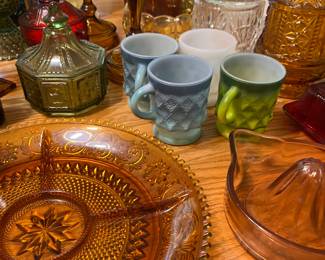 Tiara amber glass divided platter - Anchor Hocking Kimberly mugs - Imperial Glass green butterpat octagon covered dish