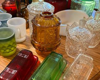 Stars Bars amber fairy lamp - depression glass butter dishes