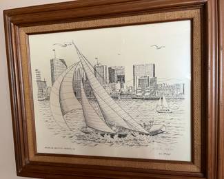 Gil McCue Framed and signed print "Sailing on San Diego Harbor" 