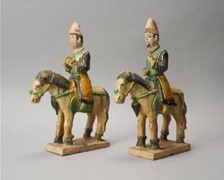 Antique Ming Chinese Sancai Glazed Ceramic Horse & Rider Statue Pair Figurines
