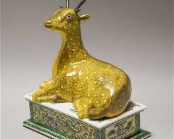 Fine Antique Chinese Porcelain Figurine Recumbent Deer w/Separate Plinth Base
