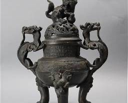 Antique Chinese Burnished Bronze Footed Censer Incense Burner w/Lid
