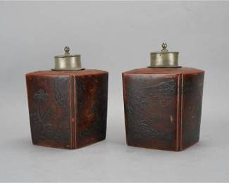 Antique 18thC Chinese Terra Cotta Pottery Tea Caddy w/Pewter Lid PAIR
