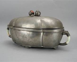 Antique 19thC Chinese Three-Piece Pewter Food Warmer w/Carnelian and Jade #1
