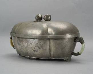Antique 19thC Chinese Three-Piece Pewter Food Warmer w/Carnelian and Jade #2
