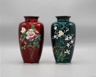 Vintage Japanese Cloisonne Signed Sato Silver Base Vase PAIR

