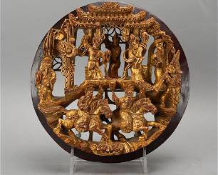 Antique 19thC Chinese Hand Carved Gilt Wood 8" Round Plaque
