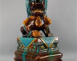 Antique Chinese 24" Multi-Colored Turquoise Sancai Pottery Fu Dog w/Stand Temple Guardian
