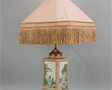 Rare 1920s Edward Farmer Painted Porcelain and Giltwood Asian Deco Boudoir Lamp
