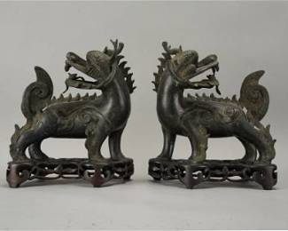 Impressive Antique 19thC Burmese Bronze Fu Dogs Statue Figurine PAIR on Fitted Base
