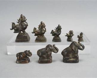 Good Group of Antique Asian Graduated Size Bronze Opium Weights Roosters and Elephants
