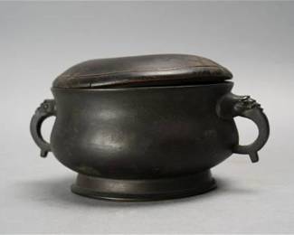 Antique 18th-19thC Chinese Miniature Bronze Censer w/Wood Cover #1
