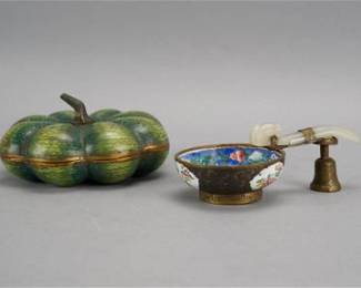 Antique Chinese Qing Enameled Brush Washer w/Jade Belt Hook plus Enamel Gourd Box
