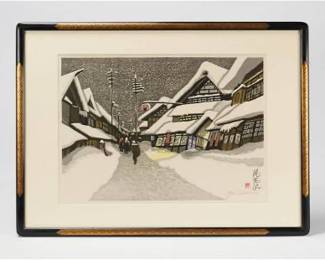 Framed 1978 Japanese Woodblock Print by Junichiro Sekino titled Obanazawa (Sunset on Snow)
