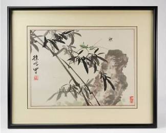 Signed 20thC Japanese Watercolor Painting Praying Mantis on Bamboo and Flying Bee
