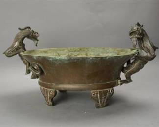Good Antique 18th-19thC Chinese Bronze Oval Footed Bowl w/Dragon Handles
