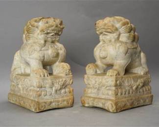 Fine Matched Pair 19thC Antique Chinese Carved Marble Fu Dogs
