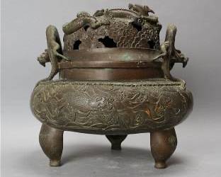 Fine Antique 18th/19thC Chinese Cast Bronze Lidded Censer w/Dragon Handles Incense Burner
