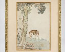 Antique 18th-19thC Chinese Watercolor Painting Dog Under a Tree
