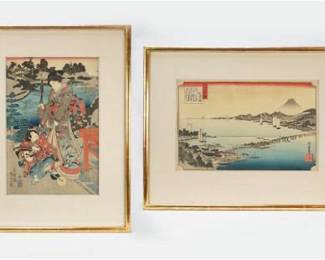 Two Vintage Japanese Woodblock Prints Framed and Sealed
