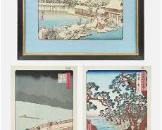 Three Japanese Woodblock Prints incl. Rain at Nihonbashi Bridge by Hiroshige
