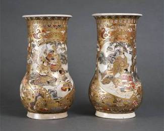 Antique Japanese Meiji Tall and Fat Satsuma Vase Pair
