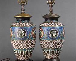 Pair Antique Chinese Champleve Enamel and Wood Cloisonne Vase Lamps
