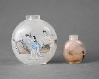 Two Chinese Snuff Bottles Carved Quartz Stone and Reverse Painted Glass
