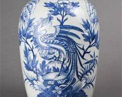 Antique Chinese Qing 19thC Blue & White Porcelain Lidded Ginger Jar Phoenix Bird
