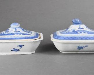 Pair Antique Chinese Export Blue and White Porcelain Lidded Canton Tureen Serving Dishes
