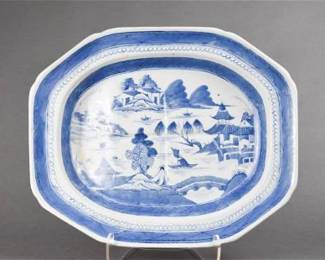 Large Antique 19thC Chinese Blue and White Porcelain Canton Meat Platter
