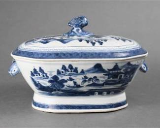 Antique 19thC Chinese Blue and White Canton Porcelain Lidded Tureen
