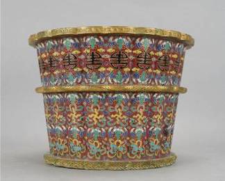 Antique Chinese Cloisonne & Bronze Lobed Planter Vase
