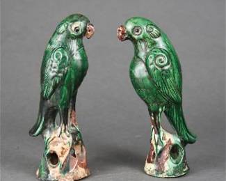 Two Chinese 19thC Qing Sancai Green Glazed Parrot Figurine Statues
