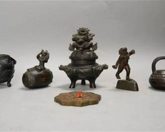 Nice Group of Antique Asian Small Bronze Artifacts incl Teapot Water Dropper
