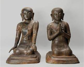 Antique Asian Bronze Buddha PAIR Burmese Large Seated Asian Statues

