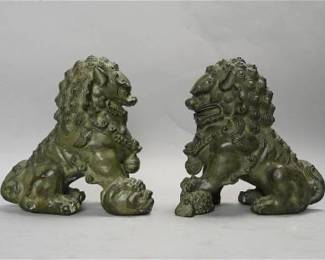 Pair Vintage Chinese Patinated Bronze Fierce Expression Foo Dogs
