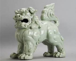 Large Korean 20thC Celadon Porcelain Foo Dog Figurine Statue
