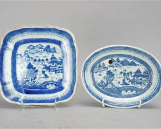 Two Antique 19thC Chinese Export Blue and White Canton Square and Oval Dish
