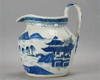 Antique Chinese Export Blue and White Canton Porcelain Pitcher Jug
