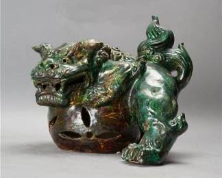 Antique 18th/19thC Japanese Green Brown Sancai Heavy Terracotta Shishi Lion Foo Dog
