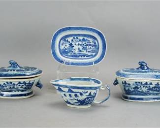 Four Antique Chinese Canton Blue White Porcelain Articles-Tureen, Creamer etc
