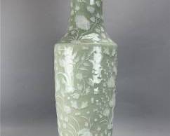 25" Floor Vase Antique Chinese 19thC Porcelain Celadon Urn with White Slip
