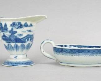 Two Antique Chinese Canton Blue and White Porcelain Helmet Pitcher & Sauce Boat
