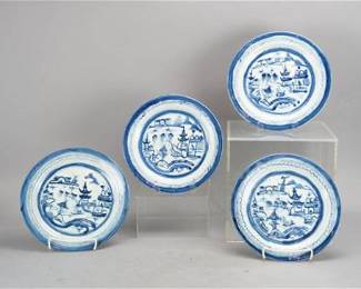 Four Antique Chinese Export Canton Blue and White Dinner Plates

