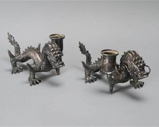 Pair Antique Chinese Silver Over Metal Dragon Candle Holders
