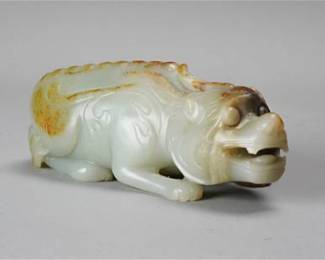 Antique Chinese Qing Celadon and Russet Jade Carved Buddhist Lion Figurine
