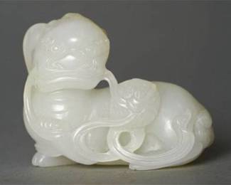 Antique Chinese White to Pale Green Nephrite Jade Carving of a Bixie
