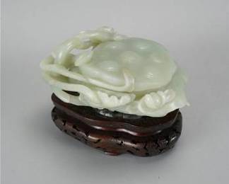 Fine Chinese Carved Green Celadon & Russet Jade Lidded Bowl on Wood Stand Lily-Pad Leaf
