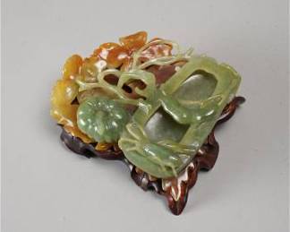 Fine Chinese Carved Multi-Colored Celadon Green Russet Jade Ornament w/Custom Stand
